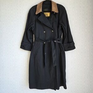 Vintage 90s Fleet Street Trench Coat 14P Women Black Suede Lined Double Breasted